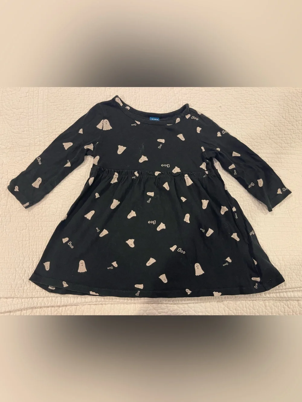 Old Navy Halloween Black Long-Sleeve Dress White Ghosts 12-18 Months 100% Cotton